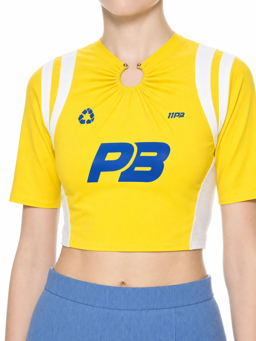 YELLOW PIERCED NECK DETAIL JERSEY TOP
